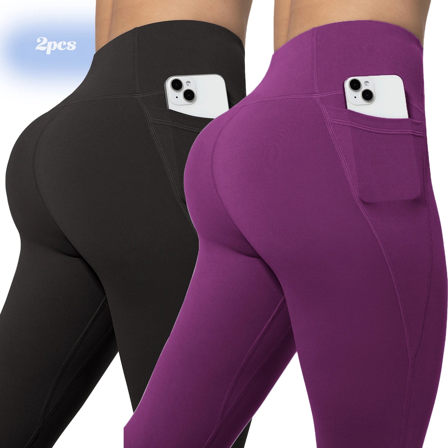 Leggings de yoga para mujer, 2 unidades, con bolsillos, color liso, para gimnasio, actividades al aire libre, cintura alta, ajustados, pantalones deportivos para correr.