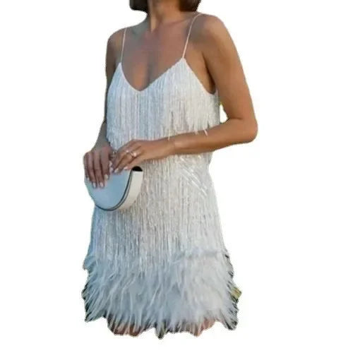 Vestido de verano 2024 con lentejuelas y plumas, moderno y colorido, sin mangas, para mujer, venta directa de Amazon