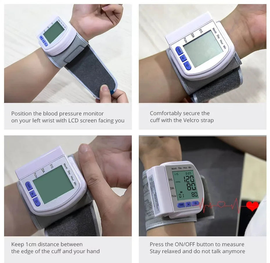 Tensiómetro digital de muñeca, tensiómetro automático, tonómetro y monitor de frecuencia cardíaca.