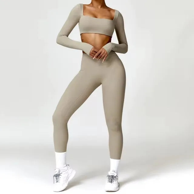 Conjunto deportivo de 2 piezas para mujer, de secado rápido, para gimnasio, chándal para correr, entrenamiento, camiseta deportiva de manga larga, ropa de yoga