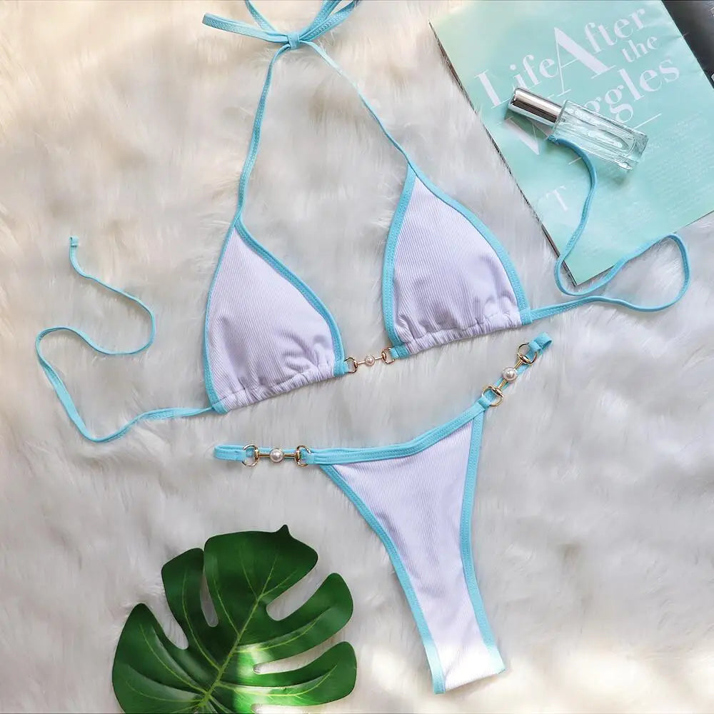 Bikini sexy con cuello halter y perlas para mujer, traje de baño femenino de dos piezas con ribete acanalado