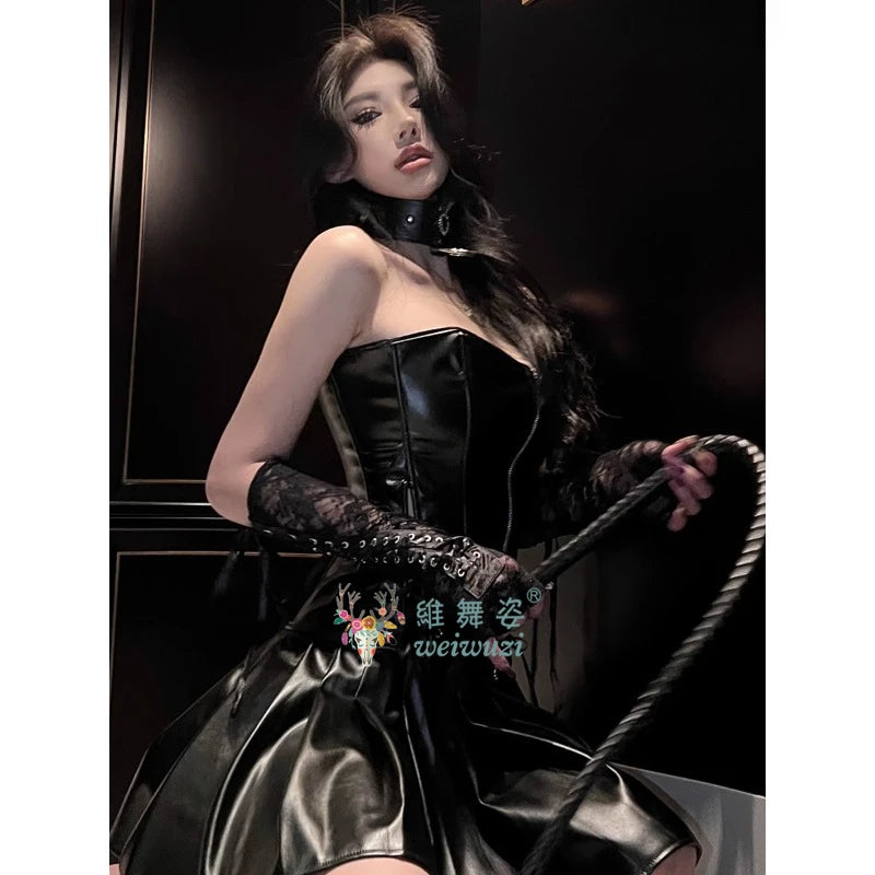PU Leather Top and Skirt Set Vestido Strapless Top Shiny Hot Dress Tight Package Hip Queen Uniform Sexy Clubwear Cat Girl Set