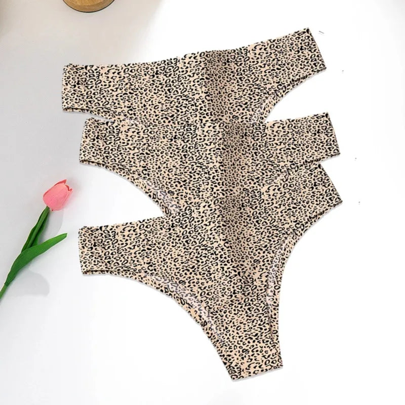 WarmSteps - Conjunto de 3 tangas sexys de leopardo para mujer, ropa interior femenina sin costuras, bragas estampadas de seda helada, 2024