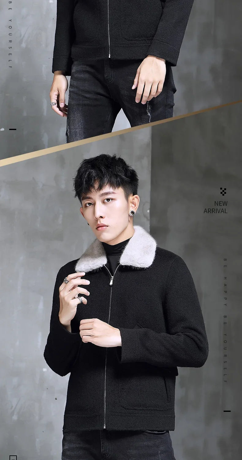 AYUNSUE Spring Autumn Wool Coat Men Double-sided Alpaca Jacket Mink Fur Collar Mens Coats and Jackets Overcoat 1970B KJ3859