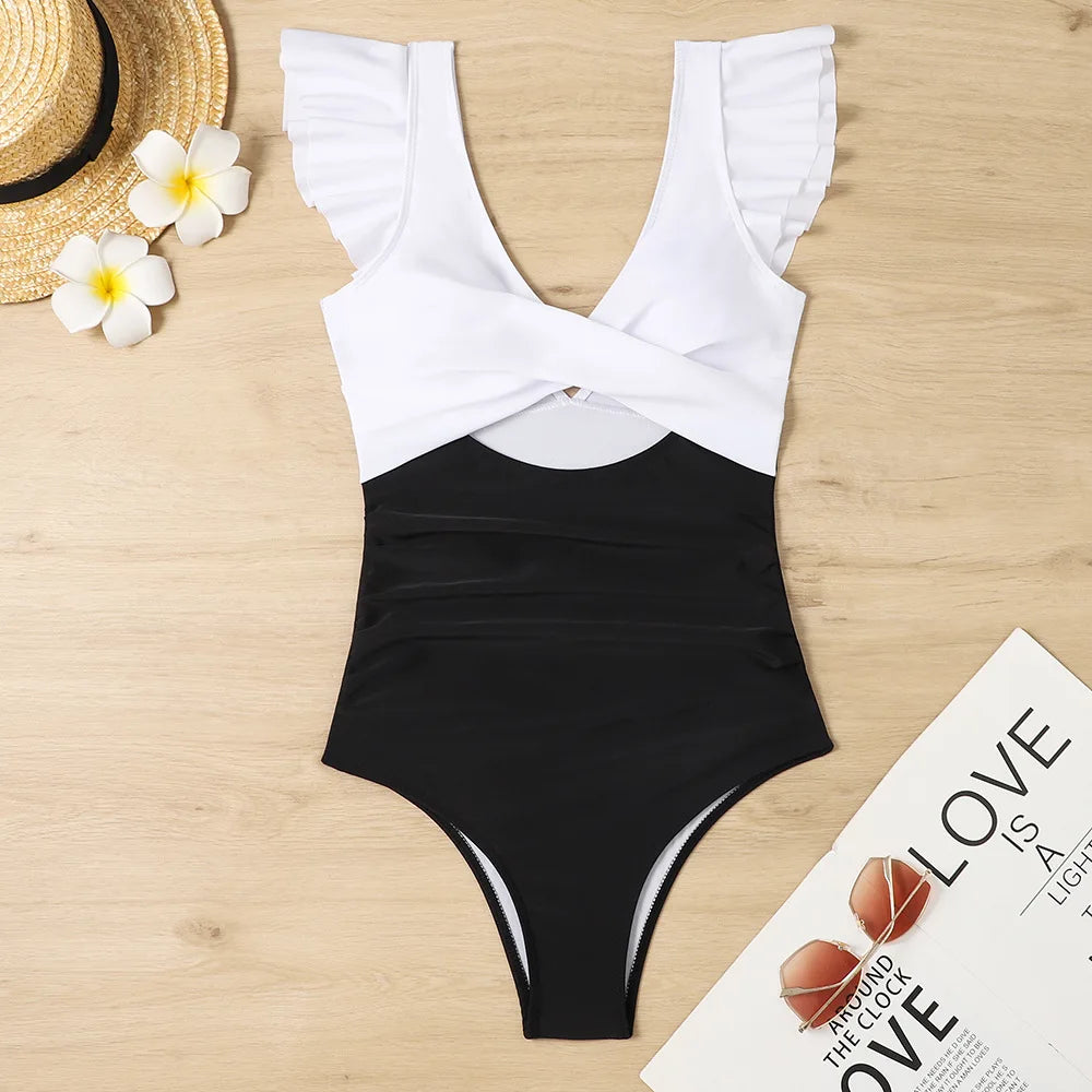 Traje de baño de una pieza negro con cadena de eslabones, traje de baño sexy para mujer 2025, traje de baño de malla para mujer