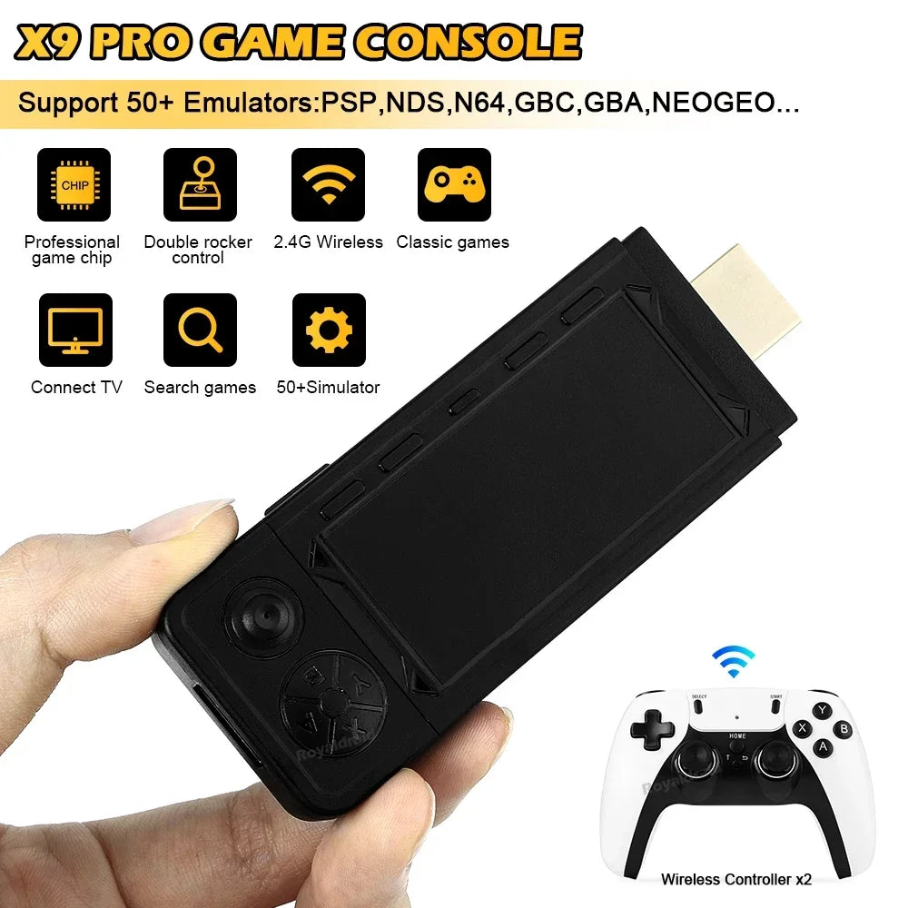 Consola de videojuegos X9 PRO GameStick 4K HD para TV, 128 GB, 256 GB, juegos 3D para PSP/PS1/N64/NDS, más de 40 simuladores, juegos retro, controlador dual de 2,4 GB