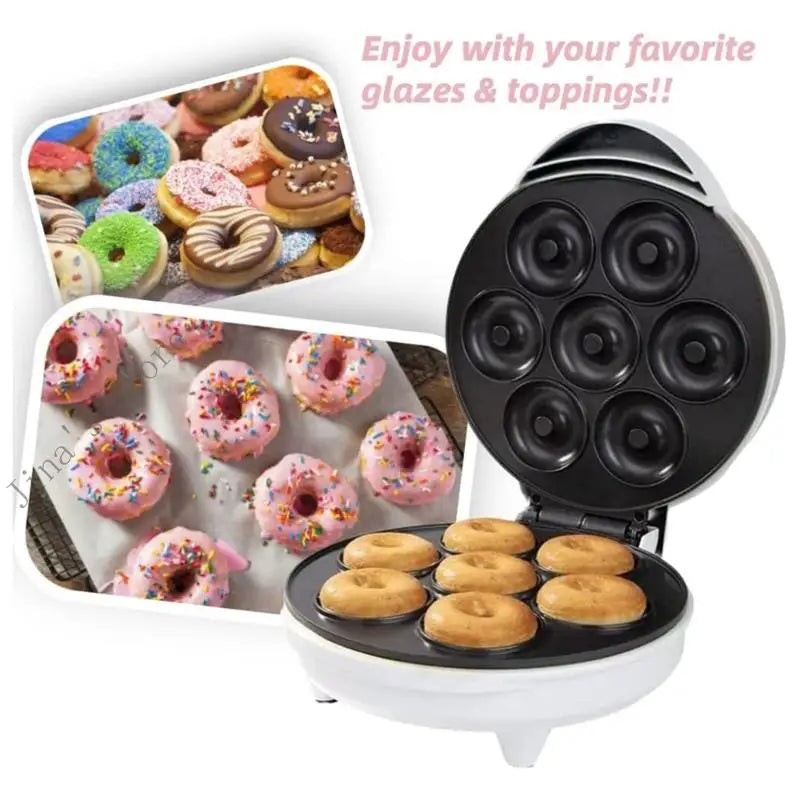 Mini máquina para hacer donas de 1000 W con superficie antiadherente. Prepara 7 donas pequeñas. Ideal para postres infantiles.