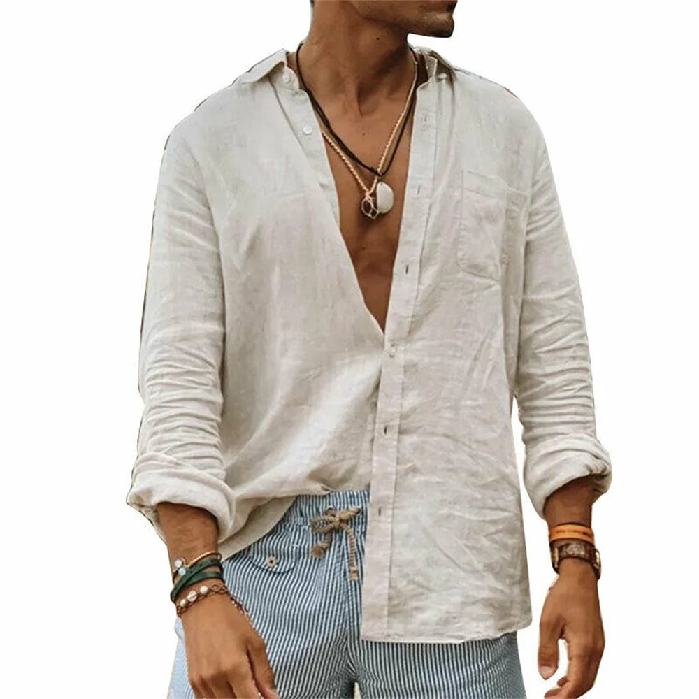 Camisas casuales de algodón y lino para hombre, cuello alto, color liso, manga larga, holgadas, para primavera y otoño, 2024