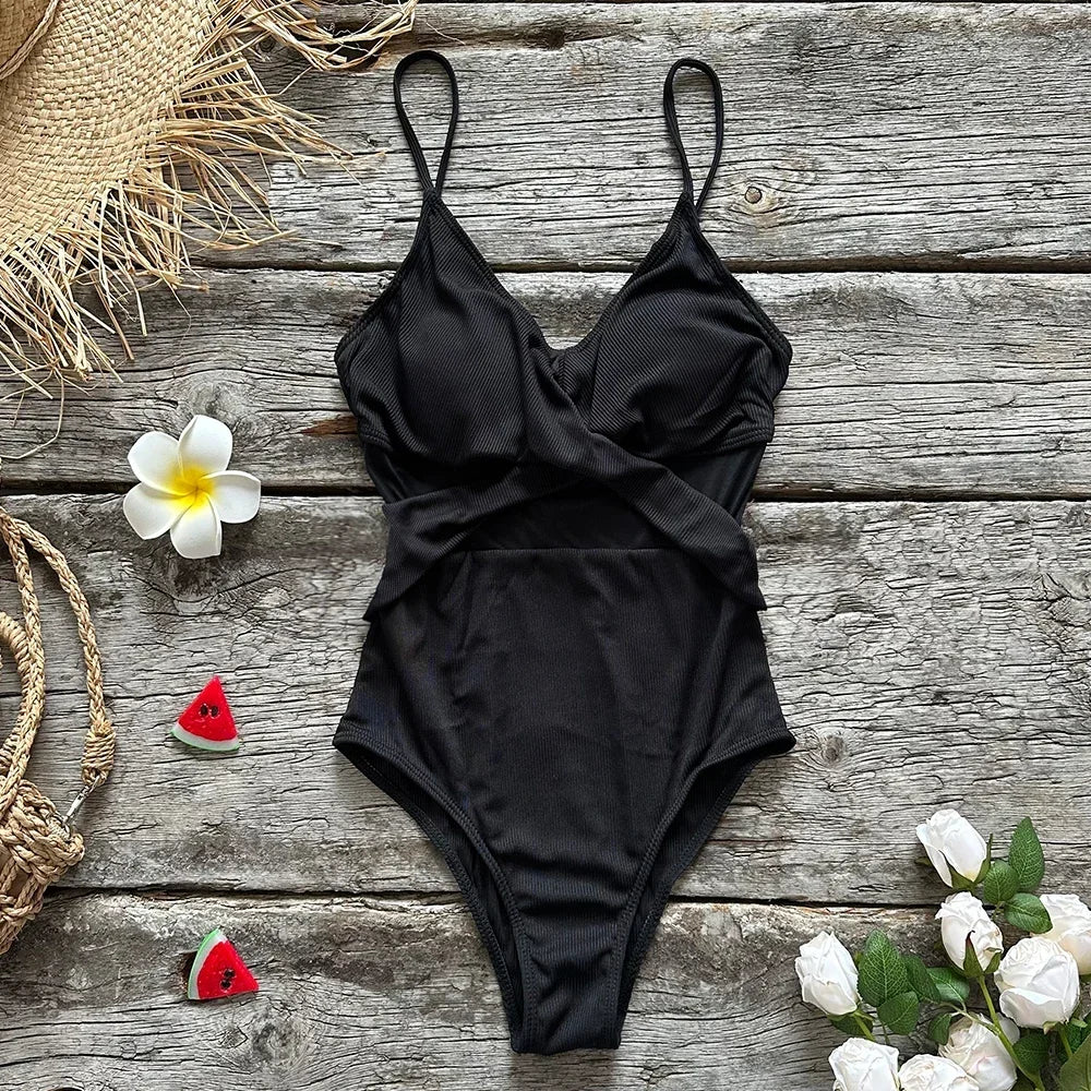 2024 Women One Pieces Solid Swimsuits Sexy Swimwear Bathing Suits Rib Mesh V-neck Swimsuit Bathing Suit Beach Pool Bather
