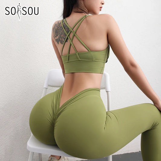 SOISOU Conjunto de yoga de nailon para mujer, chándal deportivo, leggings de gimnasio, sujetador para mujer, almohadilla para el pecho, cadera extraíble en forma de V, ropa para mujer