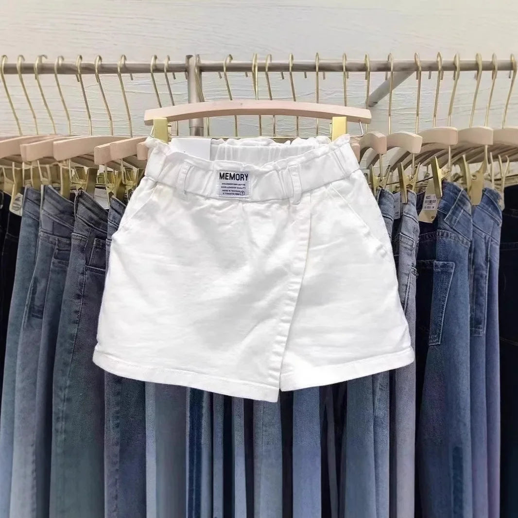Vestido mini de algodón de cintura alta, talla grande, dos piezas, ilusión, pantalones, falda, adelgazante, corte A, medio cuerpo, para mujer, primavera, verano, blanco
