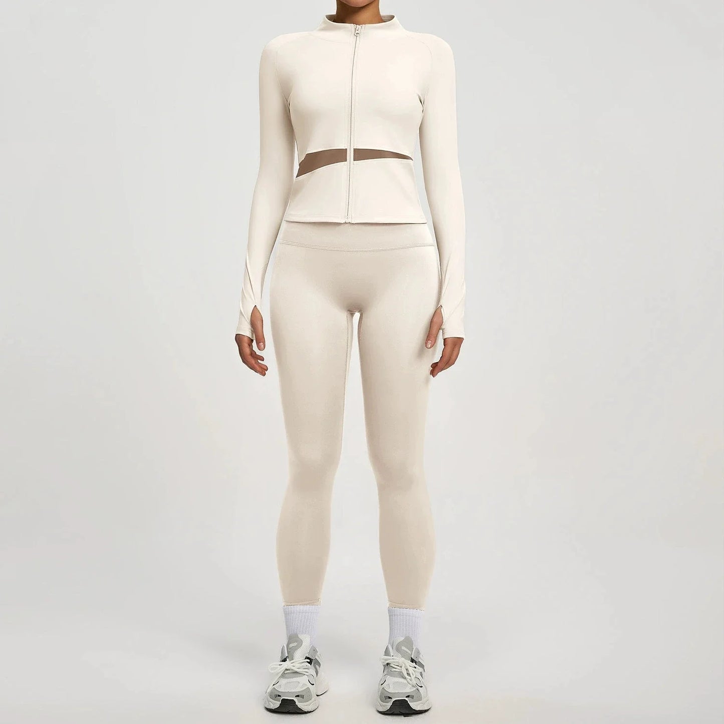 Conjuntos de yoga con contraste de colores para mujer, chaqueta deportiva de manga larga sin costuras con cremallera, leggings adelgazantes de cintura alta, chándal de fitness