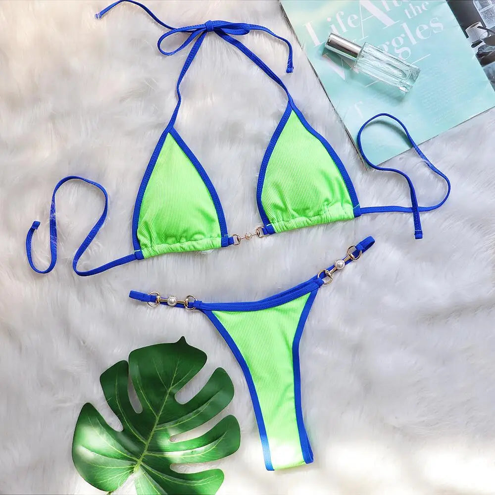 Bikini sexy con cuello halter y perlas para mujer, traje de baño femenino de dos piezas con ribete acanalado