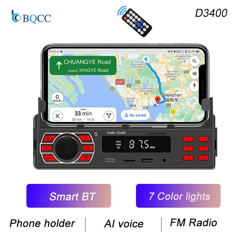 Radio estéreo BQCC 1DIN MP3 con FM, USB, TF, entrada AUX, Bluetooth, protección de energía, luces de 7 colores, USB dual, multimedia, audio para coche.