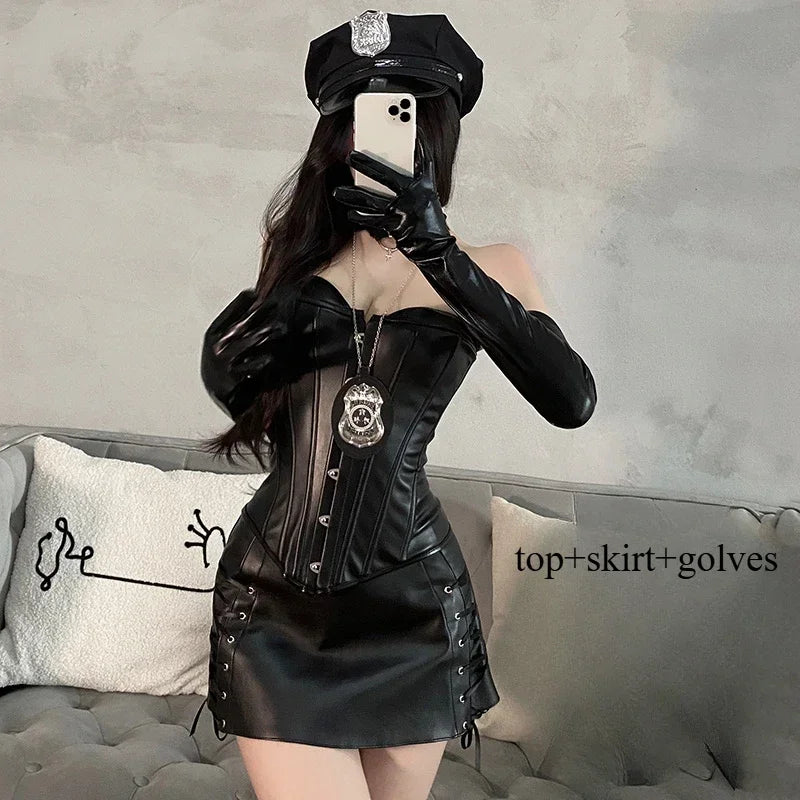 PU Leather Top and Skirt Set Vestido Strapless Top Shiny Hot Dress Tight Package Hip Queen Uniform Sexy Clubwear Cat Girl Set