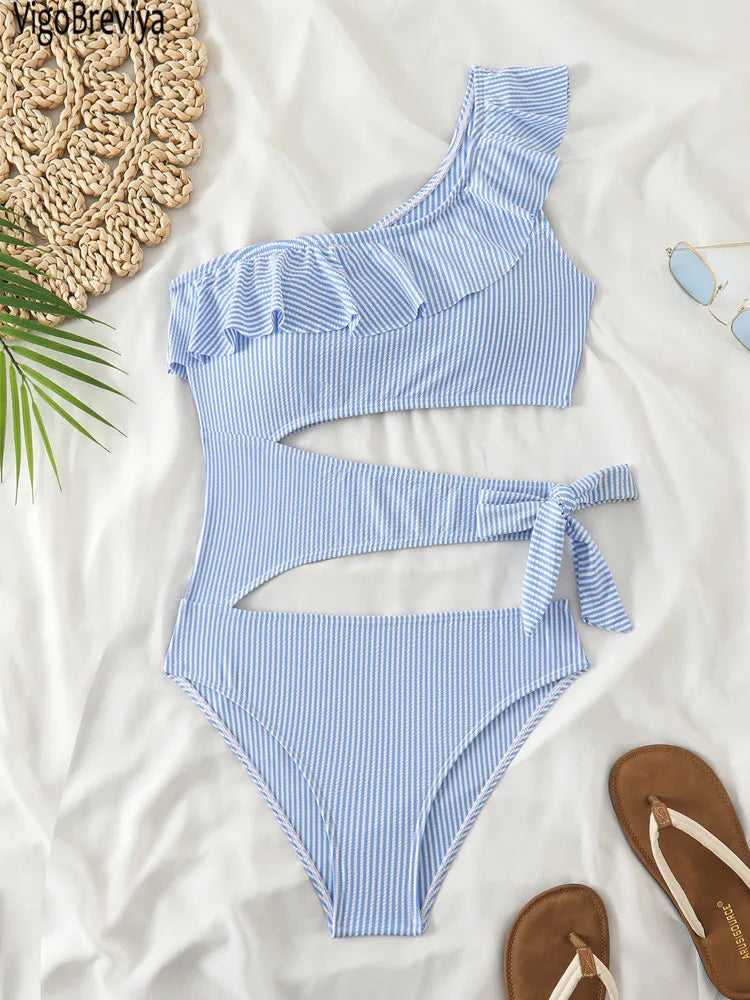 VigoBeviya 2025 Women Ruffle One-shoulder Swimwear Hollow Push Up One Piece Swimsuit Sexy Lady Monokini Blue Beach Bathing Suit