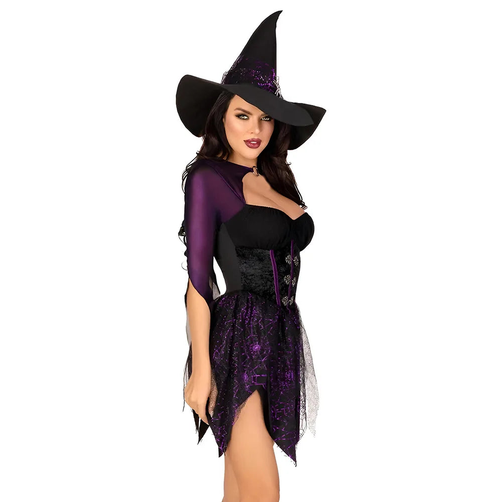 3 Piece 2025 Sexy Underwear Women Witch Long Sleeves Short Purple Triangle Lace Dress With High Hat Role Playing Cosplay Costume
