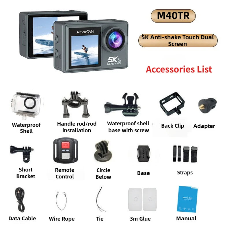 Cámara de acción M40TR 5K con pantalla táctil IPS de 2", zoom 5X, 170°, alcance de 30 m, antivibración, impermeable, control remoto WiFi, deportiva