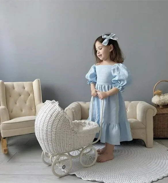 Vestido de verano para niñas, de algodón y lino, con espalda ajustada y mangas abullonadas, estilo princesa, sencillo y dulce, 2023