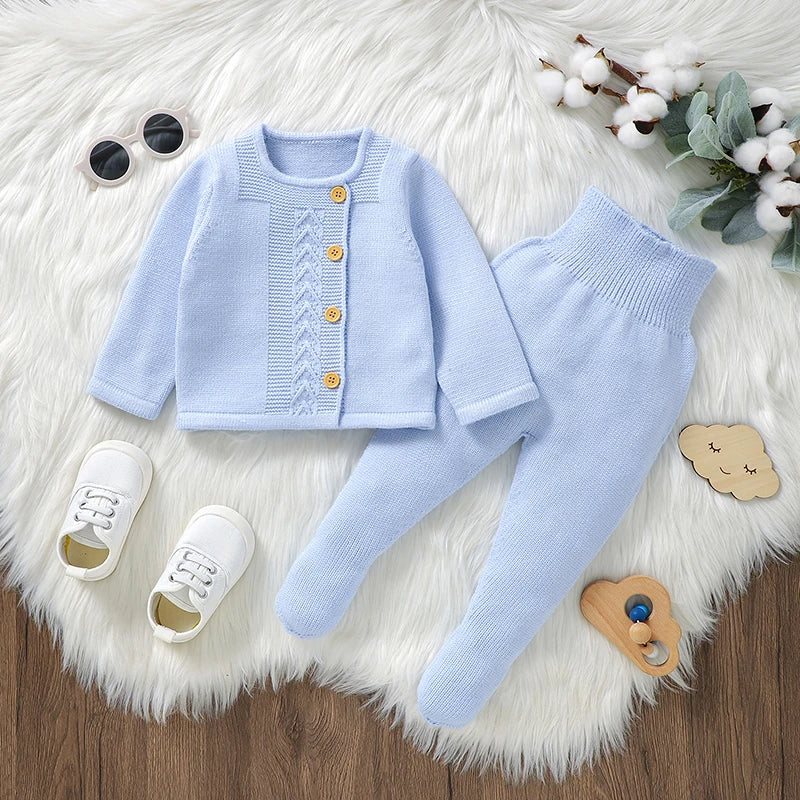 Conjunto de ropa para bebé recién nacido, jersey de manga larga, pantalones, 2 piezas, moda, sólido, cálido, suéter infantil, pantalones, leggings, otoño