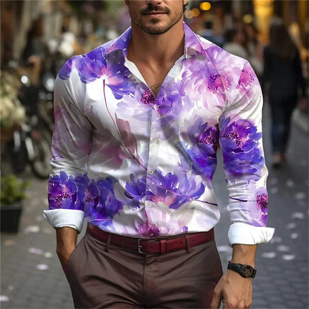 Camisa informal con estampado de hojas en 3D para hombre, nueva, para uso diario, con solapa de primavera, manga larga, abotonada, tallas S a 6XL, 2024
