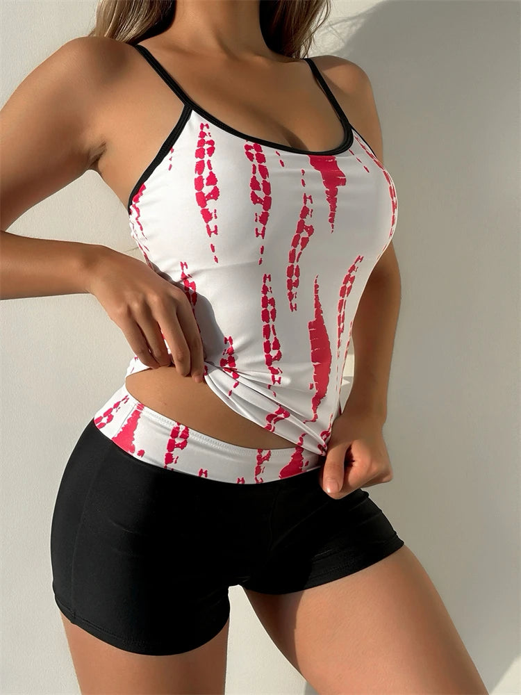 Traje de baño de dos piezas para mujer 2025, nuevo traje de baño liso con estampado de tirantes, tankini de verano, pantalones cortos tipo bóxer de cintura alta, traje de baño de playa para mujer