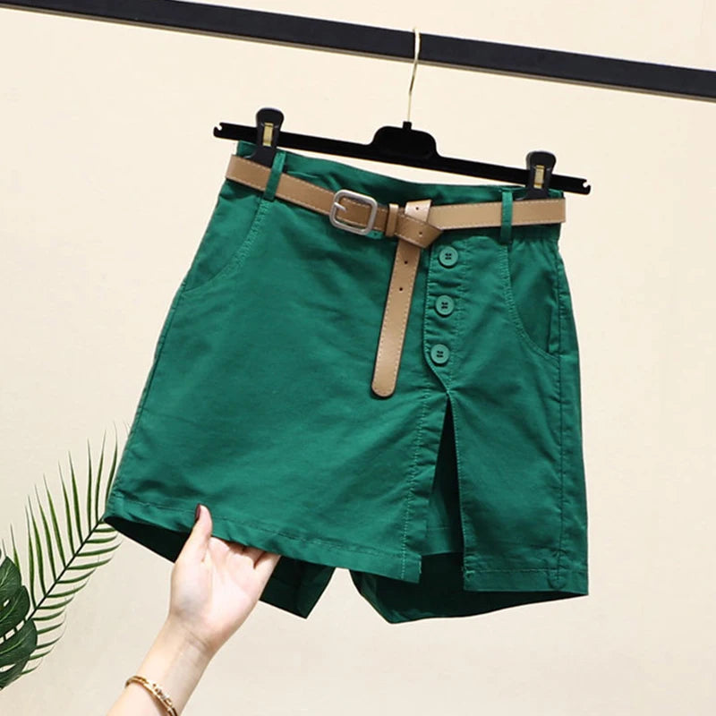 Pantalones cortos elegantes para mujer, con cinturón, botones lisos coreanos, aberturas laterales, estilo urbano, faldas de moda, pantalones holgados elegantes de verano Harajuku