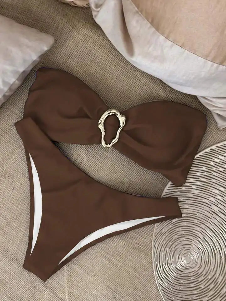 Conjuntos de bikini sin tirantes para mujer, traje de baño de dos piezas con efecto push up, bañadores sexys de color liso, ropa de playa sin espalda para mujer
