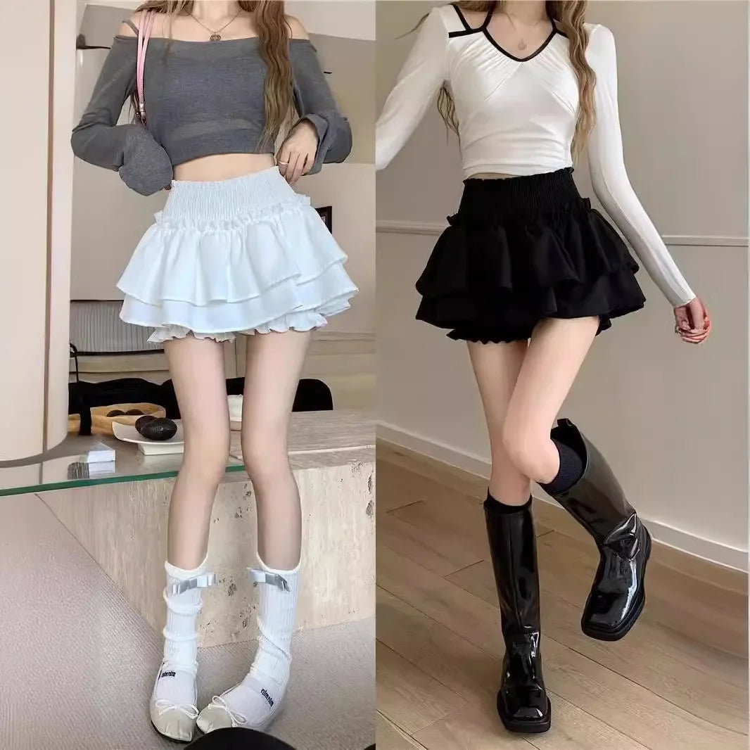 Falda negra con volantes para mujer, cintura alta, adelgazante, corte A, minimalista, estilo ballet, para verano, pantalones cortos antiexposición.