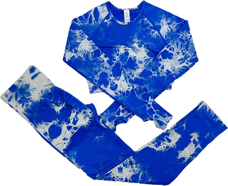 VEQKING - Ropa de yoga teñida para mujer, top corto de manga larga, pantalones de yoga de cintura alta, conjuntos deportivos, ropa de gimnasio de secado rápido