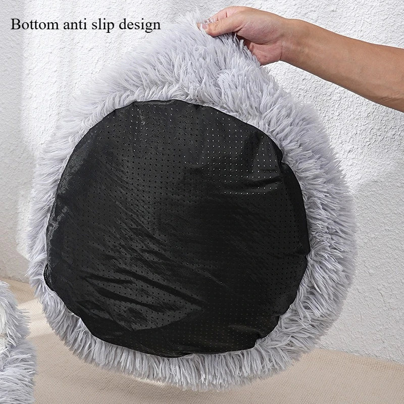 1 cama cómoda de felpa a rayas para mascotas, adecuada para gatos y perros, cálida, nido redondo para dormir profundamente, relleno, gris, suave, para interiores