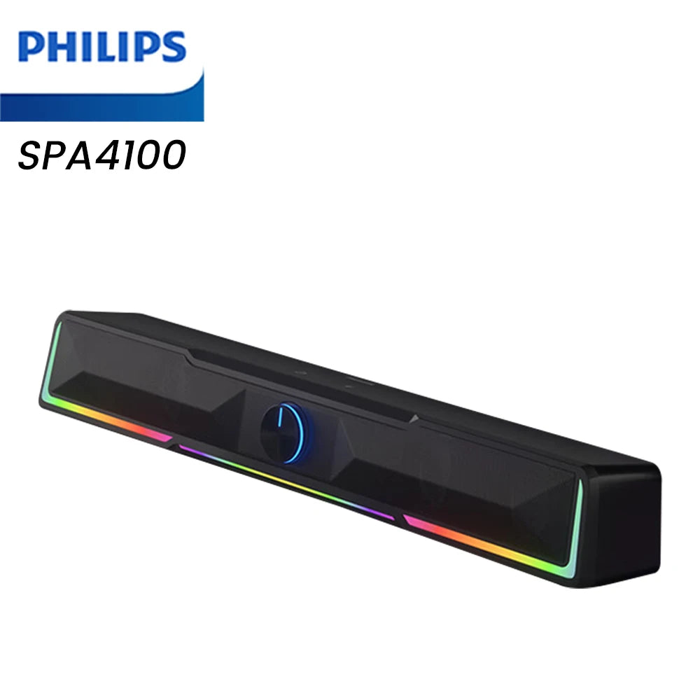 PHILIPS SPA4100 Sound King, diseño sencillo, unidad de diafragma de 52 mm, ambiente estéreo, con tiras de luz RGB y perillas independientes