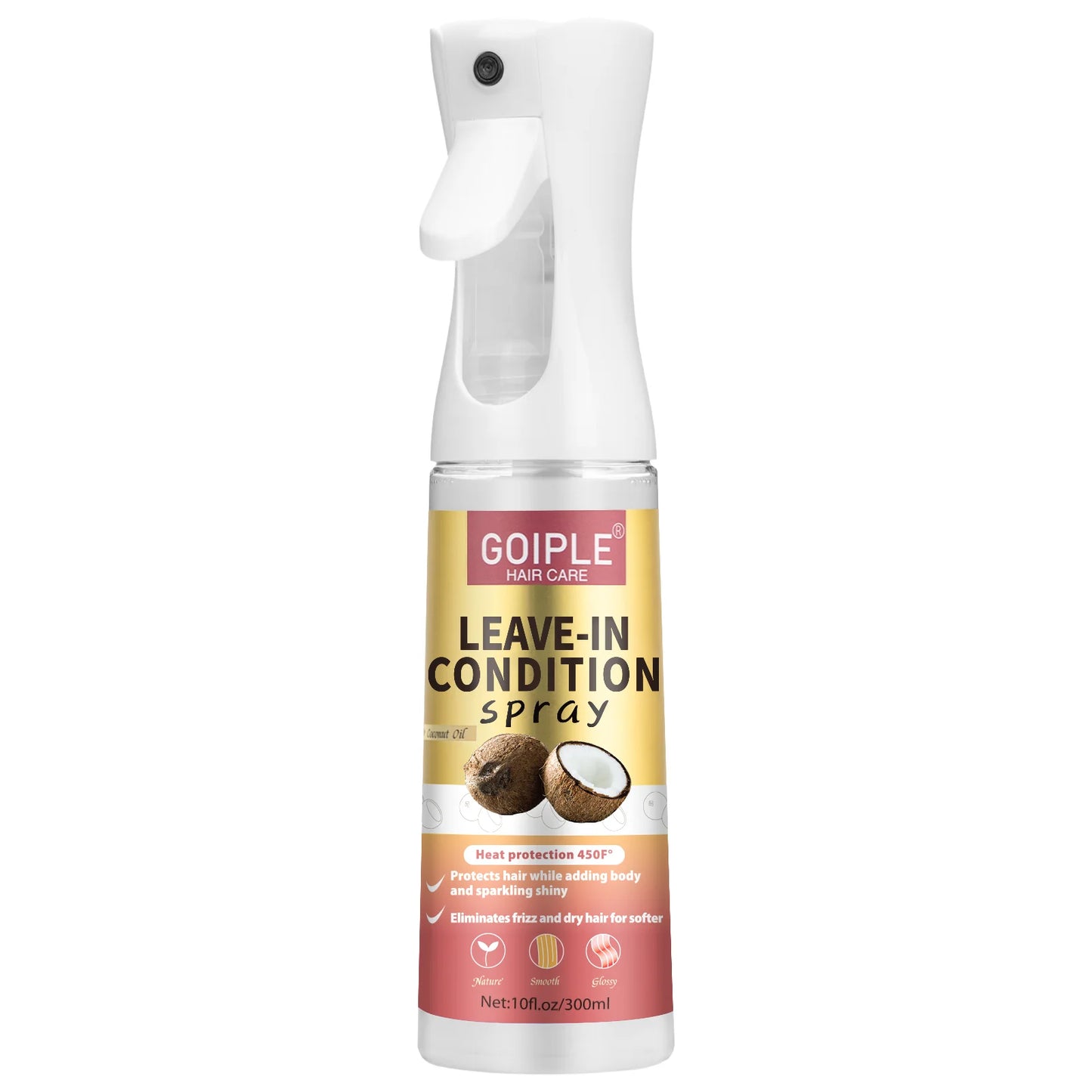 Acondicionador en spray sin enjuague de coco de 300 ml para cabello rizado, alisador, antiencrespamiento, suavizante, protector para cabello dañado por el calor.
