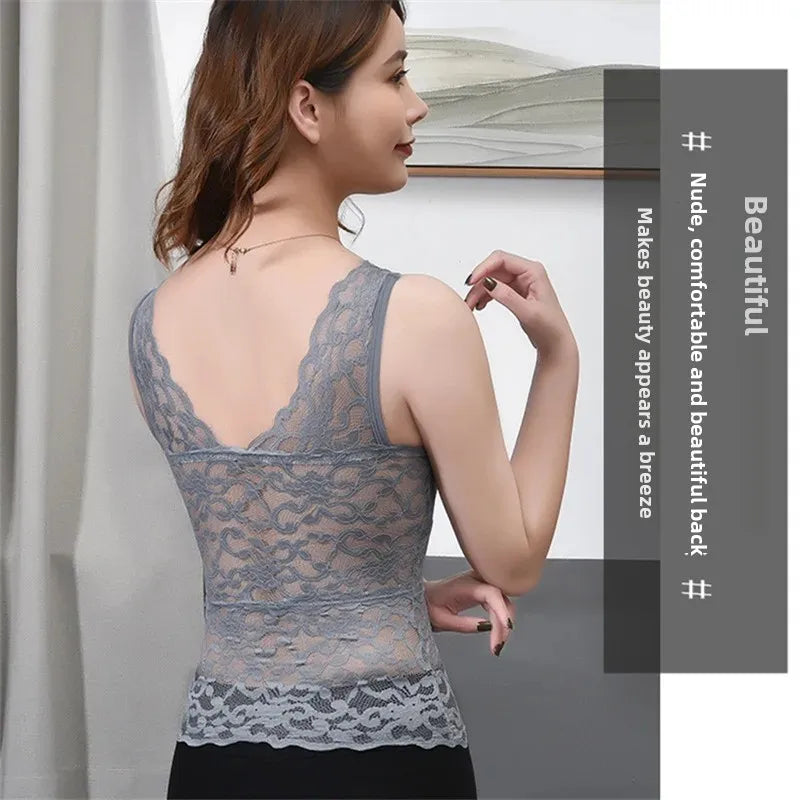 Camiseta de tirantes de encaje de talla grande para mujer, de longitud media, estilo fino de verano con almohadilla para el pecho, capa base, ropa interior exterior