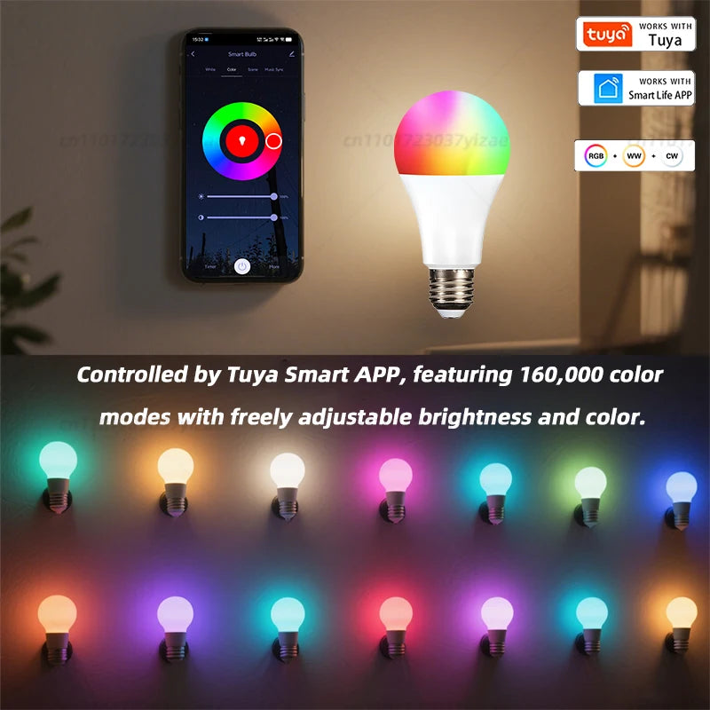 Bombillas inteligentes Tuya con Bluetooth y WiFi, E27, LED RGB, 9 W, 15 W, control por voz con la aplicación Smart Life, Alexa, Google Home.