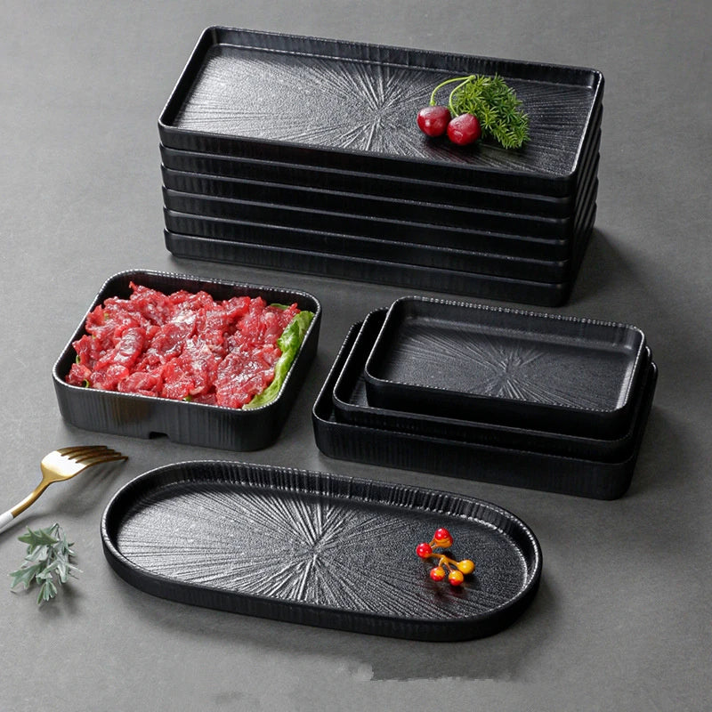 Plato de melamina negro para cena, sartenes de sushi gruesas, platos de barbacoa de porcelana de imitación, bandeja para servir comida en casa, vajilla para el hogar.