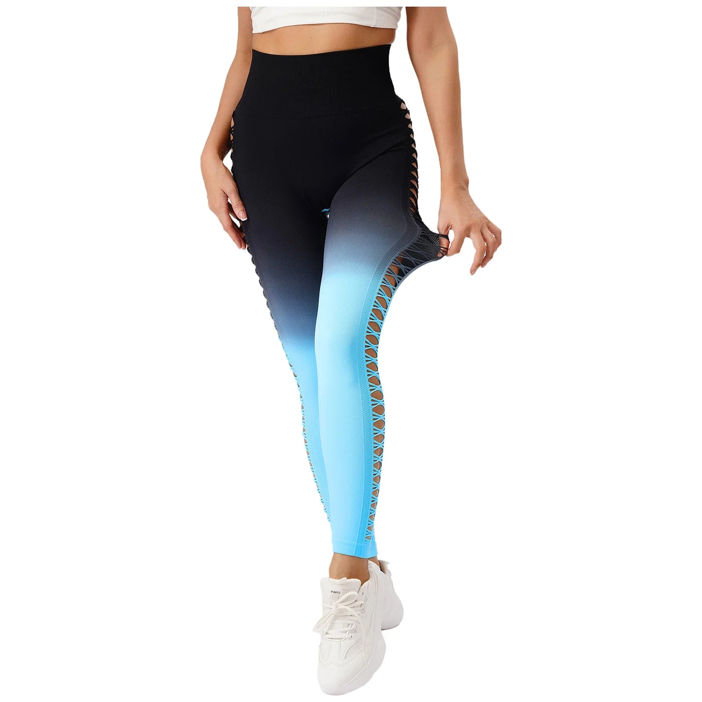 Womens Hip Tight Yoga Pants High Waist Side Hollowed-Out Mesh Design Exercise Yoga Leggings Running Gym Fitness