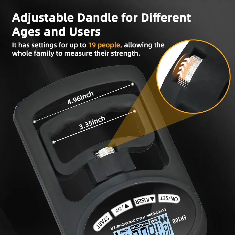 Dinamómetro digital de mano de 120 kg/265 lb con pantalla LCD y USB para entrenamiento de potencia y deporte.