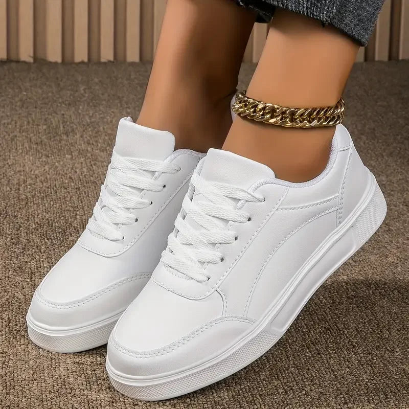 Zapatos blancos planos para mujer, informales, con cordones, de piel sintética, suela gruesa, de lujo, para exteriores