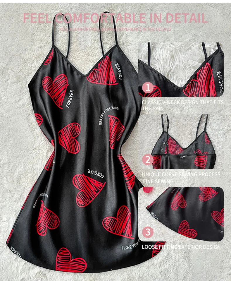 Camisón de satén con estampado de labios rojos para San Valentín, minivestido de dormir sin espalda y cuello en V para mujer