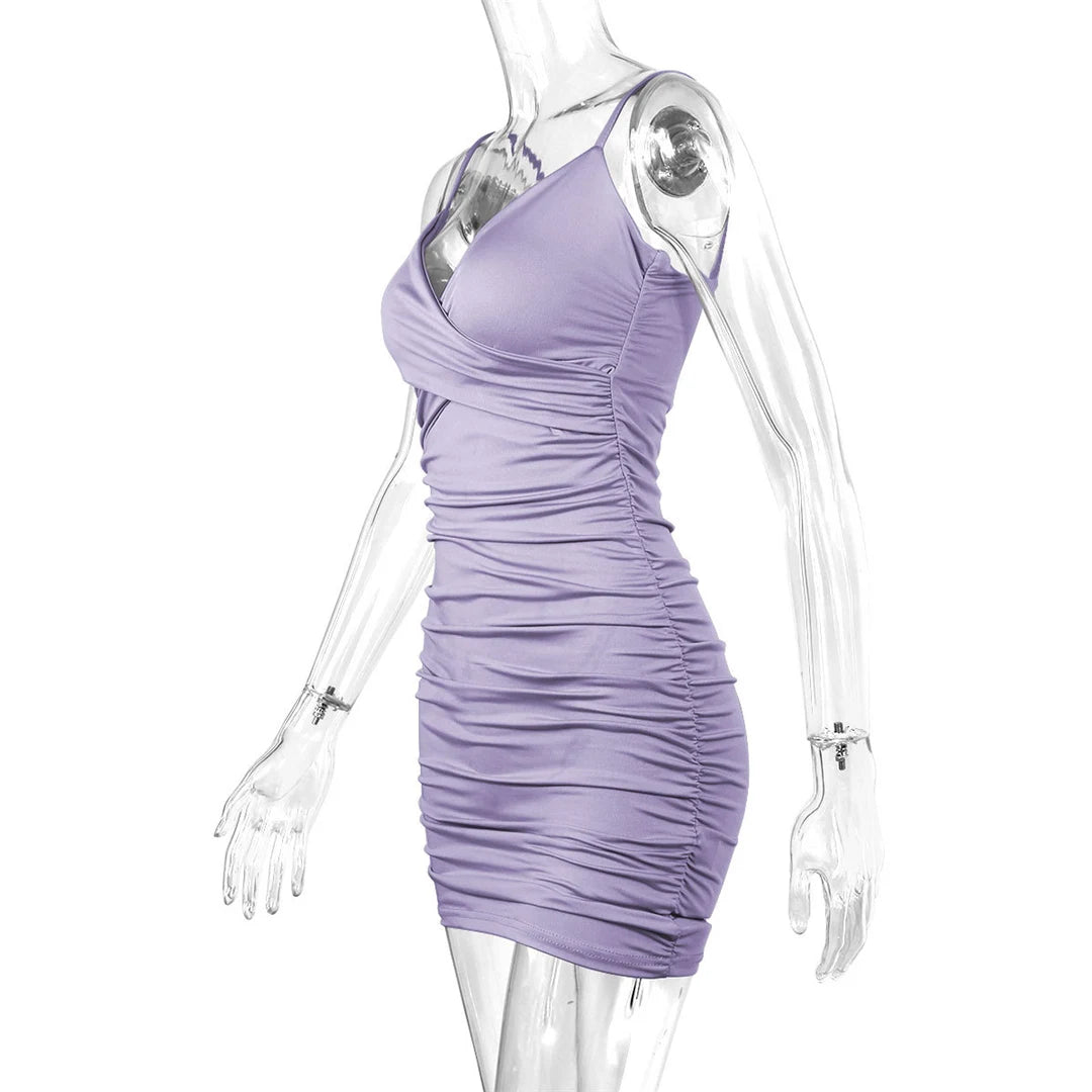 7 Color Sexy Wrinkled Pleated V Neck Sling Dress Short Club Ladies 2025 Summer Bodycon Dress Evening Party Tight Mini Dress D007