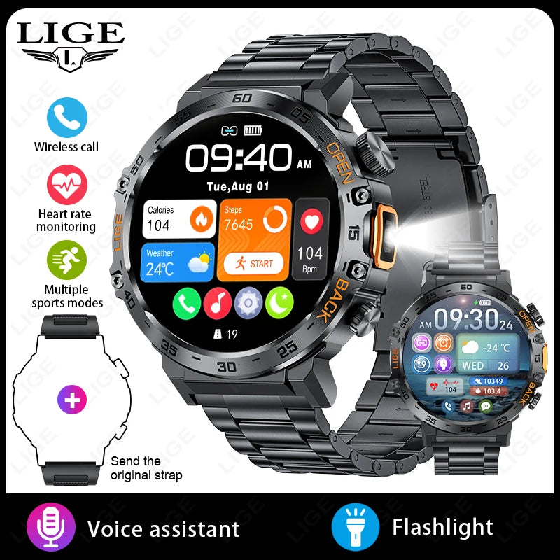 Nuevo reloj inteligente militar para hombre, pantalla AMOLED HD de 360*360, resistente al agua, con linterna LED, deportivo, para Android e iOS.