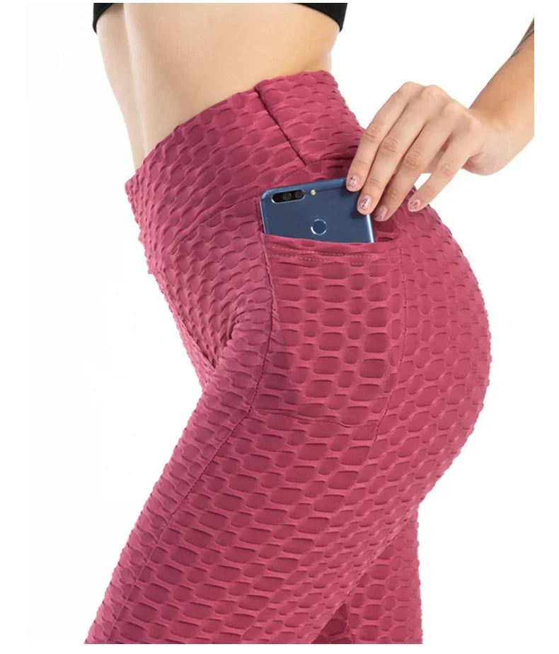 Leggings de cintura alta con efecto push-up de Amazon Europa, material de nylon, estampado jacquard, pantalones deportivos con bolsillo para mujer.