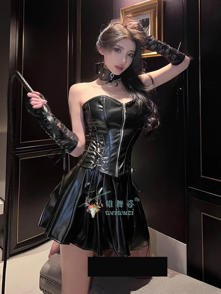 PU Leather Top and Skirt Set Vestido Strapless Top Shiny Hot Dress Tight Package Hip Queen Uniform Sexy Clubwear Cat Girl Set