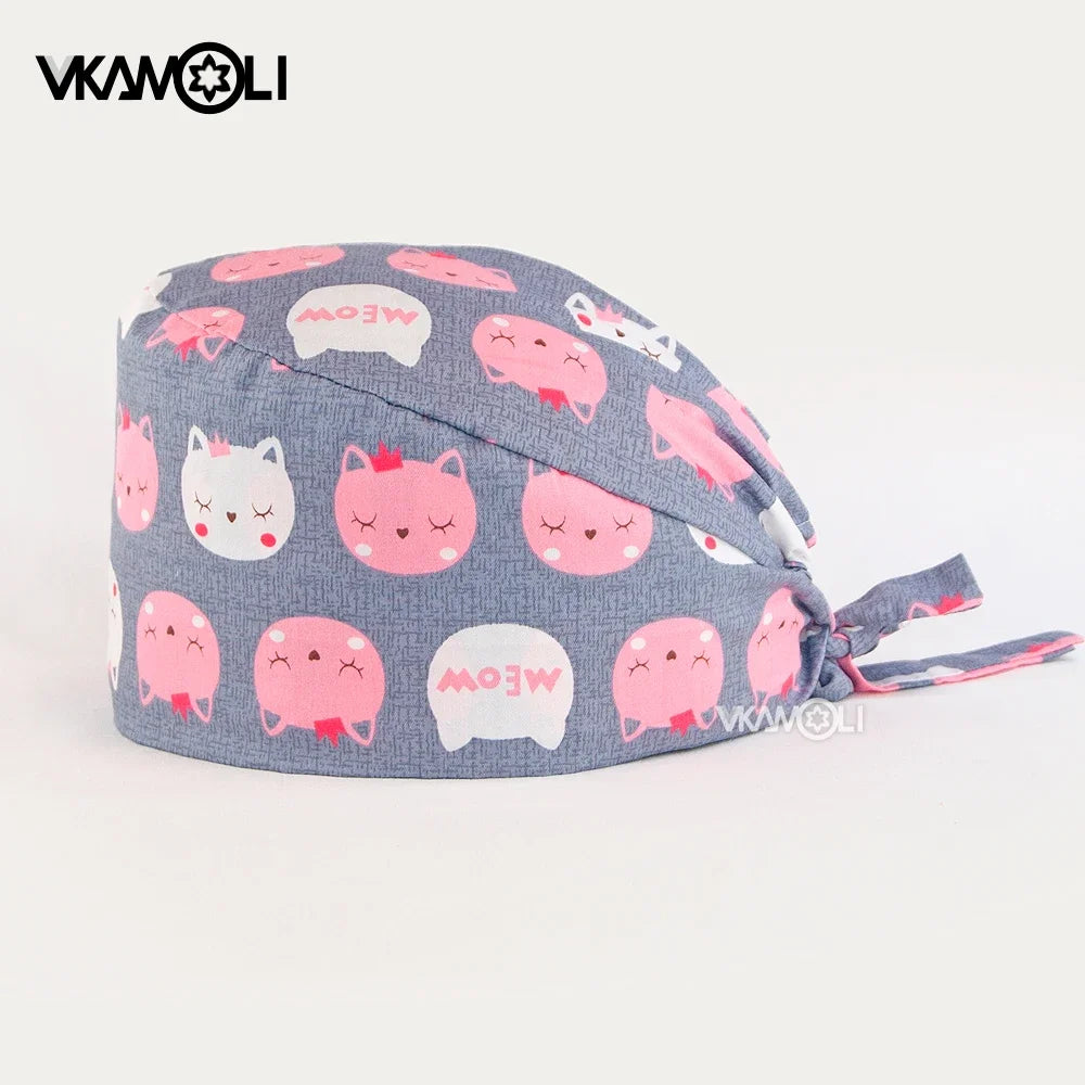 Gorro quirúrgico de algodón con estampado de dibujos animados multicolor para peluquería de mascotas, ajustable, para salón de belleza, enfermería, médico y enfermera.