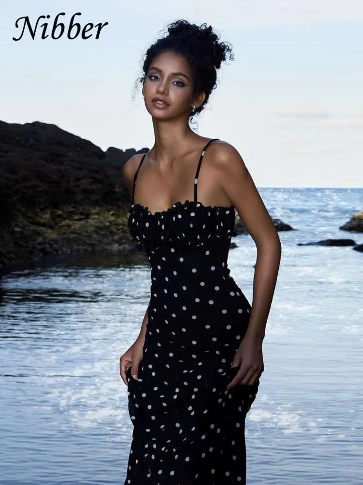 Vestido Nibber de verano, estilo moderno, con escote barco, estampado de lunares, tirantes finos, corte ajustado, elegante, estilo maxi, ideal para salir de fiesta.