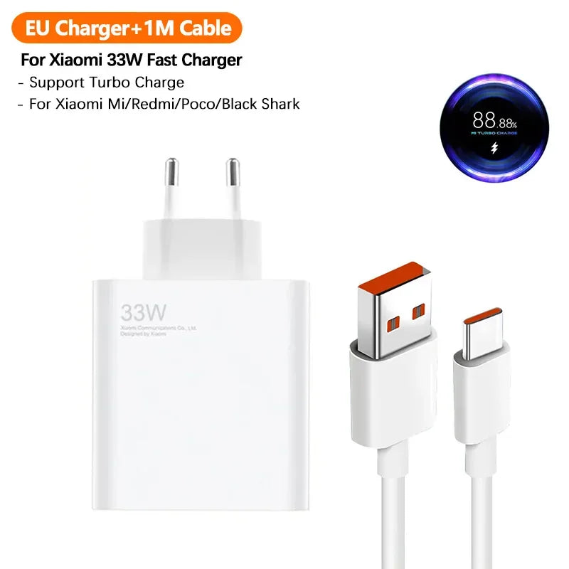 Cargador turbo original Xiaomi de 33 W, carga rápida, adaptador de EE. UU. para Mi 10T, 10S, Poco X5, X3, M5S, F3, Redmi Note 13, 12, Pad Pro, Cargador europeo