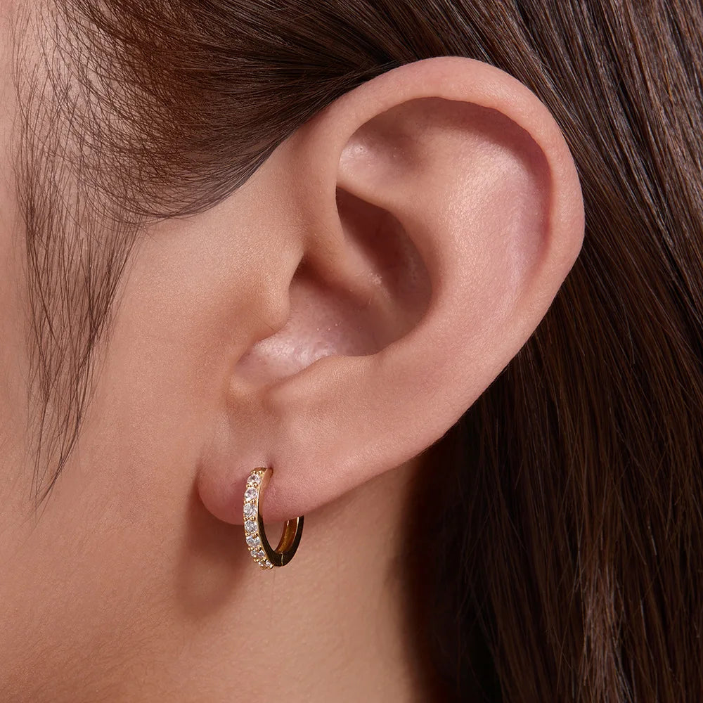 Pendientes de clip de una sola fila de circonitas estilo coreano en plata esterlina S925 - Diseño circular, Japón-Corea, lujo ligero, chapado en oro pulido S