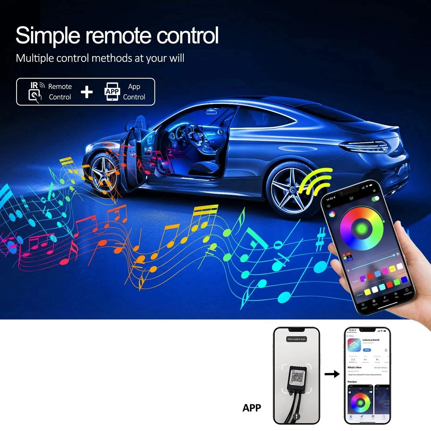 Tira de luces LED para ambiente interior de coche, RGB, fibra óptica, iluminación de neón con control remoto por aplicación, lámparas decorativas para coche