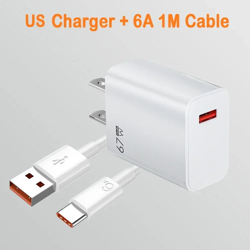 Cargador USB de carga rápida de 67 W con cable tipo C de 6 A para Xiaomi 14 Ultra Pro, Redmi Note 13 Pro, X5, F5 Pro y adaptador de pared para teléfono móvil.